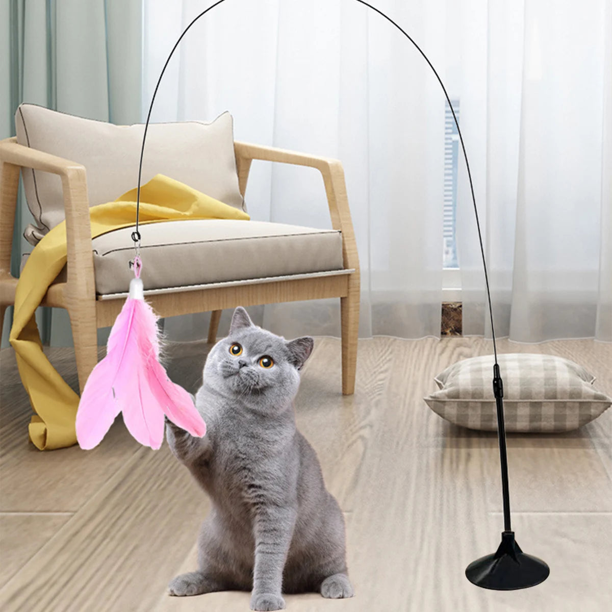 Cat Teaser Stick With Bell, Feather, Long Rod Suction Cup
